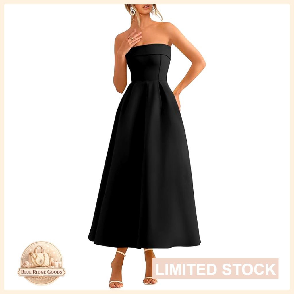 Strapless Tube Midi Dress Elegant Formal Cocktail Party Wedding Guest